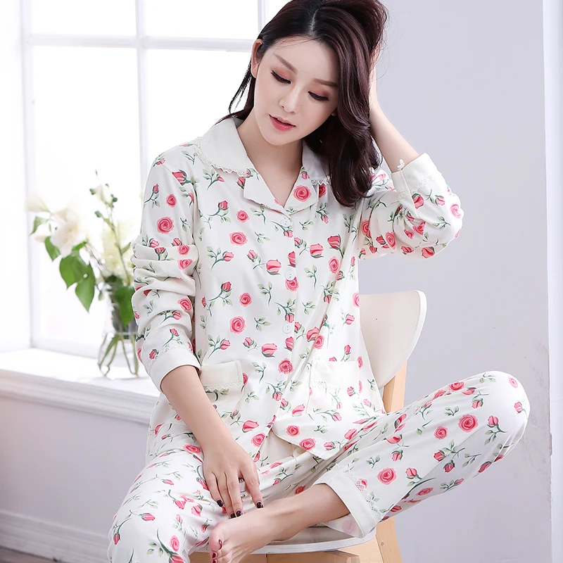 Flower Printed Women Pajama Set Plus Size XXXL Autumn Cotton Ladies ...