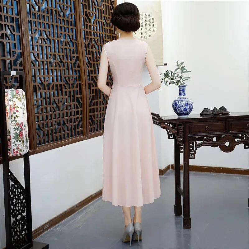 История Шанхай 2018 Комплект из 2 предметов Qipao длинные китайское платье шифон Oriental стильное платье короткий рукав Cheongsam для женщин