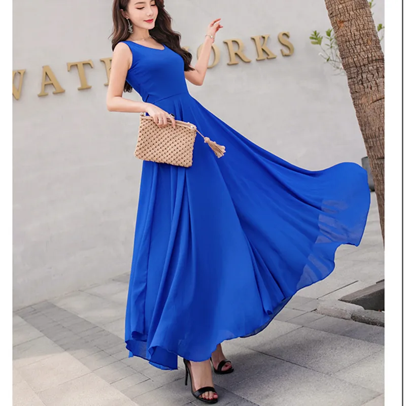 2019 New Summer Beach Dress Women's Fashion Sleeveless V-Beck Red Blue Long Dress Elegant Robes Women's Plus Size 5XL (11)