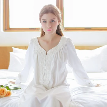 

Free Shipping 2015 New Autumn Women's Long White Vintage Pijamas Maternity Nightshirt Lace Sleepwear 100% Cotton Nightgown