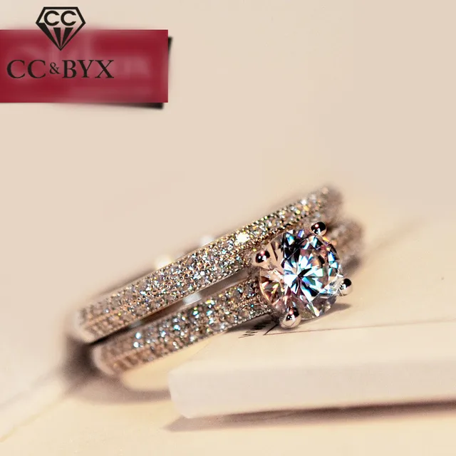 CC Jewelry Sterling Silver Double Rings For Women Classic Stackable Bridal Sets CC Jewelry Sterling Silver Double Rings For Women Classic Stackable Bridal Sets