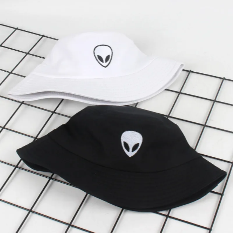 Cartoon Embroidery Alien Bucket Hat Hip Hop Casual Cotton Fishing Hat Cap Spring Summer Outdoor Beach Sun Panama White Black