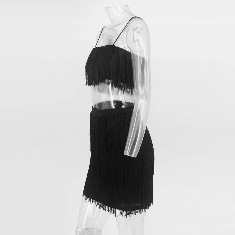 Ohvera/женский комплект 2 шт. с кисточками на тонких бретельках, укороченный топ и мини-юбка с высокой талией, сексуальный комплект из двух предметов, летняя одежда