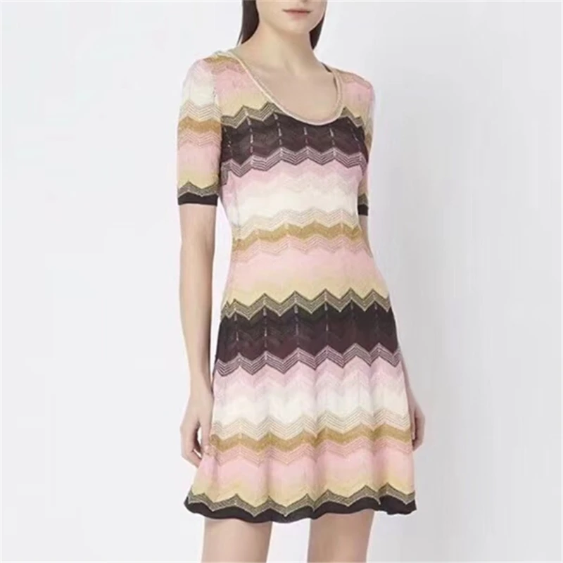 

Tunjuefs Elegant Lurex Wave Striped Knitted Party Dress Women Robe Hollow Out Sexy Vestidos Summer Slim Runway Pullovers Lolita