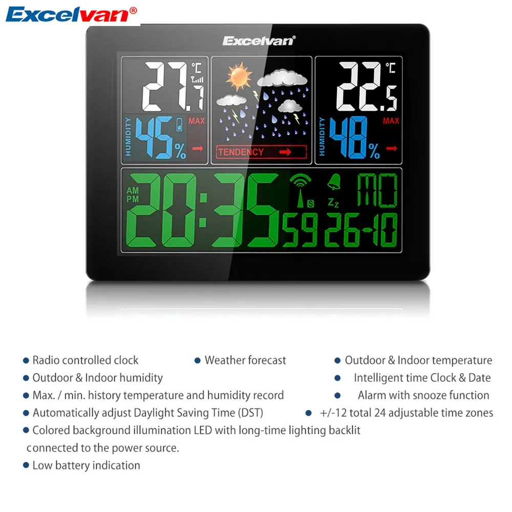 EXCELVAN COLOR Wireless Weather Station With Forecast Temperature Humidity EU Plug Alarm and Snooze Thermometer Hygrometer Clock19