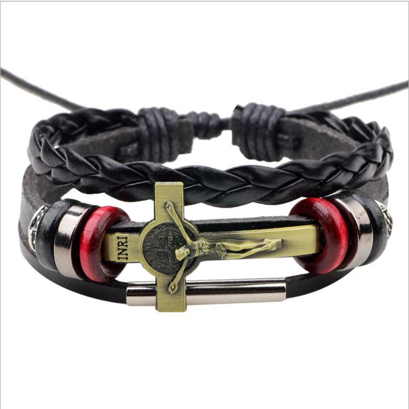 

New Fashion Male&Female Jewelry Vintage Leather Bracelets Metal Cross Jesus Bracelet Adjustable Wax Cord Brown Black Accessories
