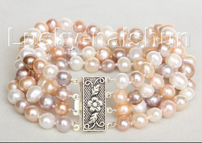 

shipping8" 4 Strand 8mm Multicolor FW pearls bracelet 925 silver clasp j10684 5.25