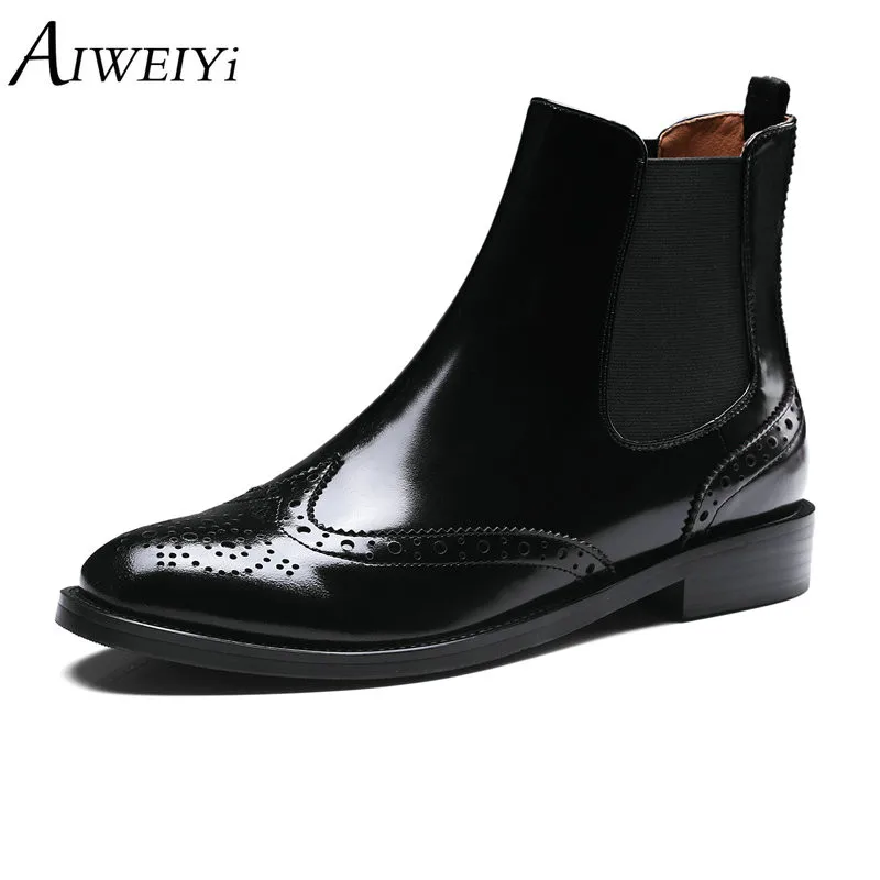 

AIWEIYi Genuine Leather Women Chelsea Boots Brand Spring Autumn Short Ankle Boots Black Platform Single Flats Martin Shoes Woman