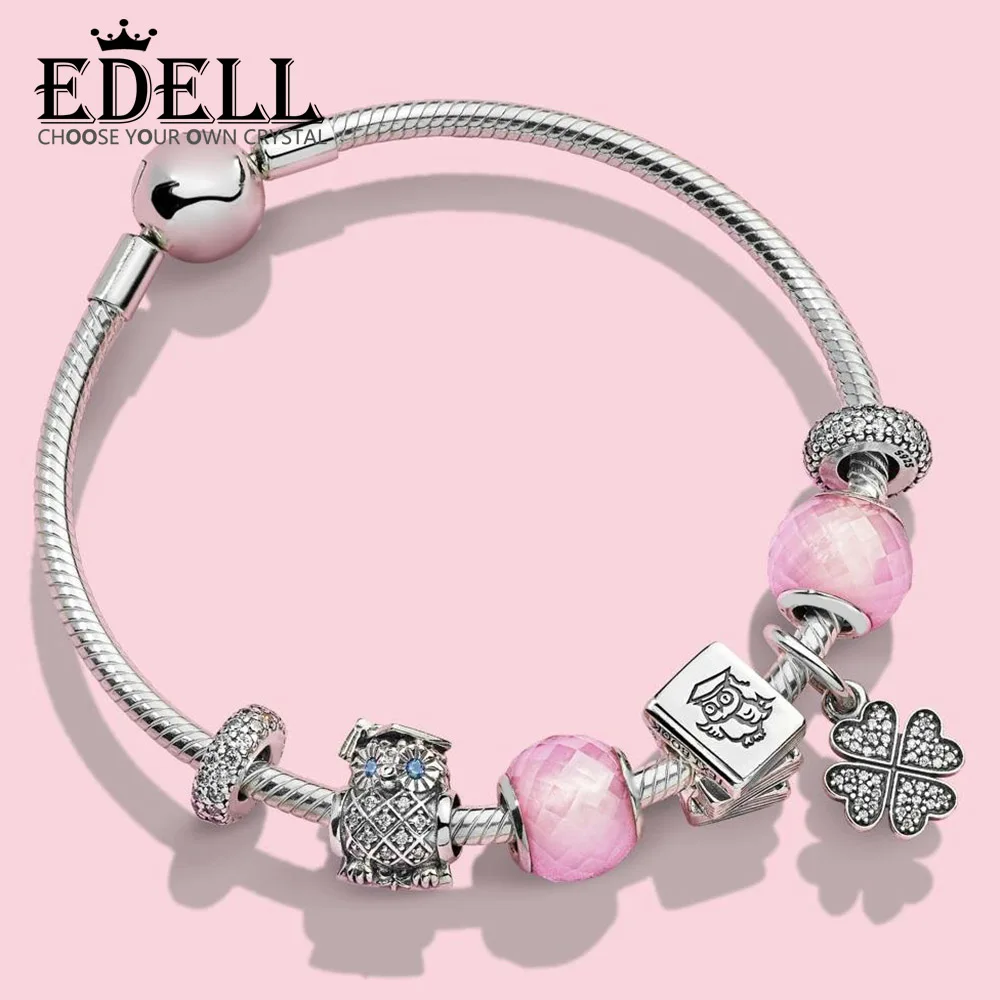 

EDELL 100% 925 Sterling Silver Study Book Charm Four-leaf Clove Symbol of Lucky in Love Hanging Charm GRADUATE OWL Bracelet Set