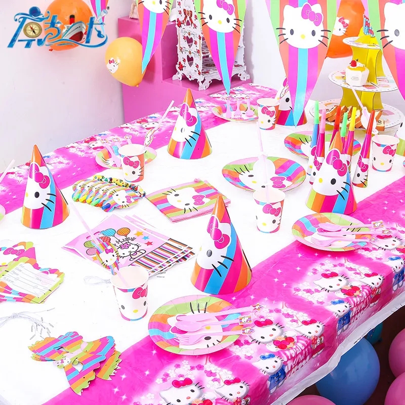 

New Sale Hello Kitty Theme Cup+Plate+Gift Bag Festival Mask+Trumpet Child Birthday Party Cocked Hat Decoration Supply 107Pcs/lot
