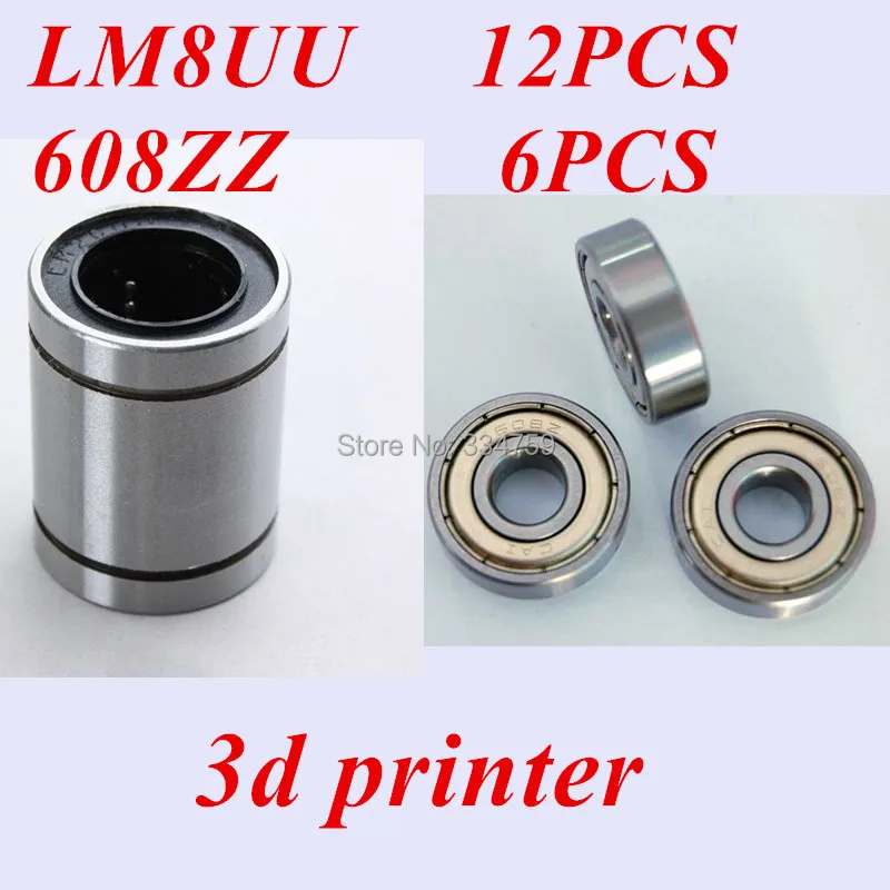Детали для 3D-принтера CNC 12 шт. LM8UU 8 мм Линейный шарикоподшипник + 6 608zz Kossel Reprap Rostock
