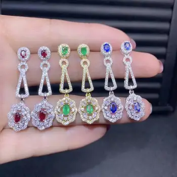 

SHILOVEM 925 sterling silver real Natural Emerald sapphire ruby stud earrings classic fine Jewelry gift new de03040305768agmlh