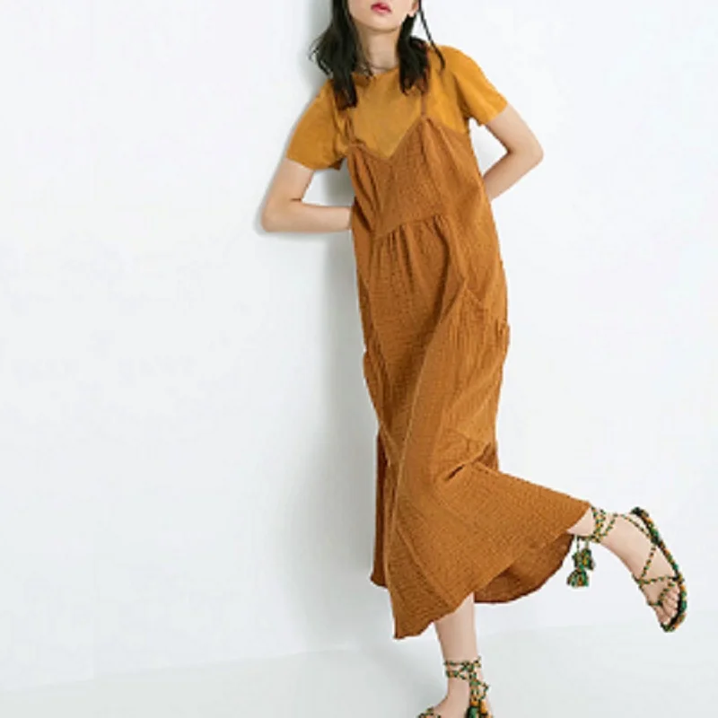 

Summer double-layer cotton linen dress women camel wrinkle breathable V neck slings sleeveless Back lace-up Casual maxi dresses
