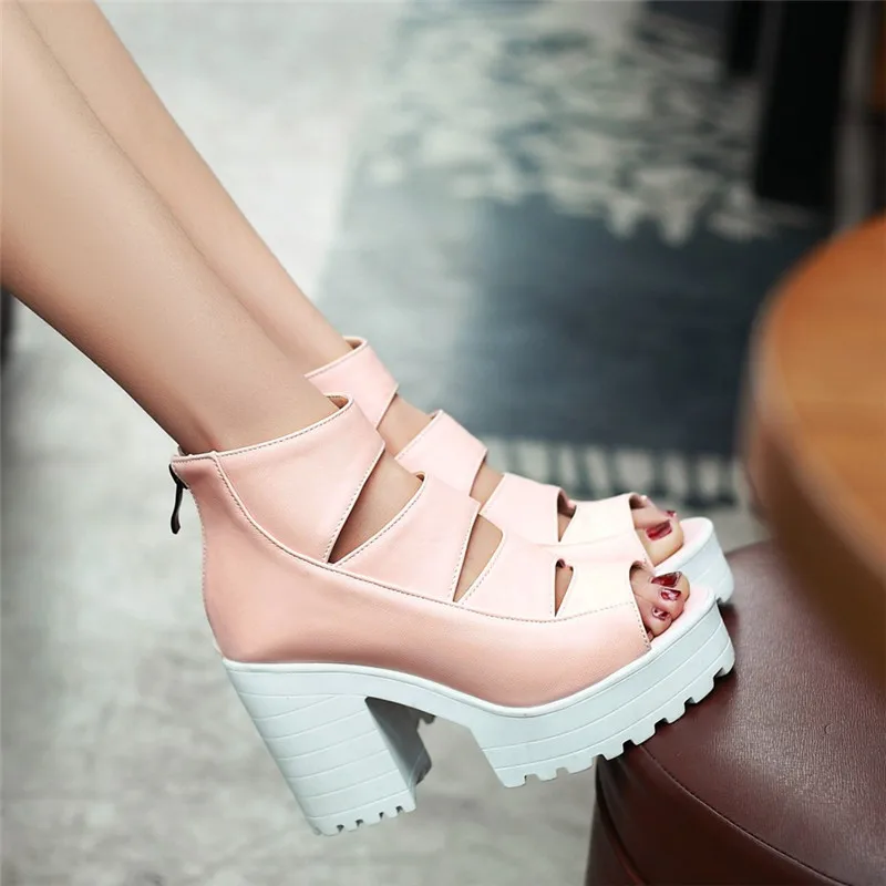 New Summer Lady Strappy Platform Block Heel Chunky Pure Buckle Leather Peep Toe Ankle High Sandals