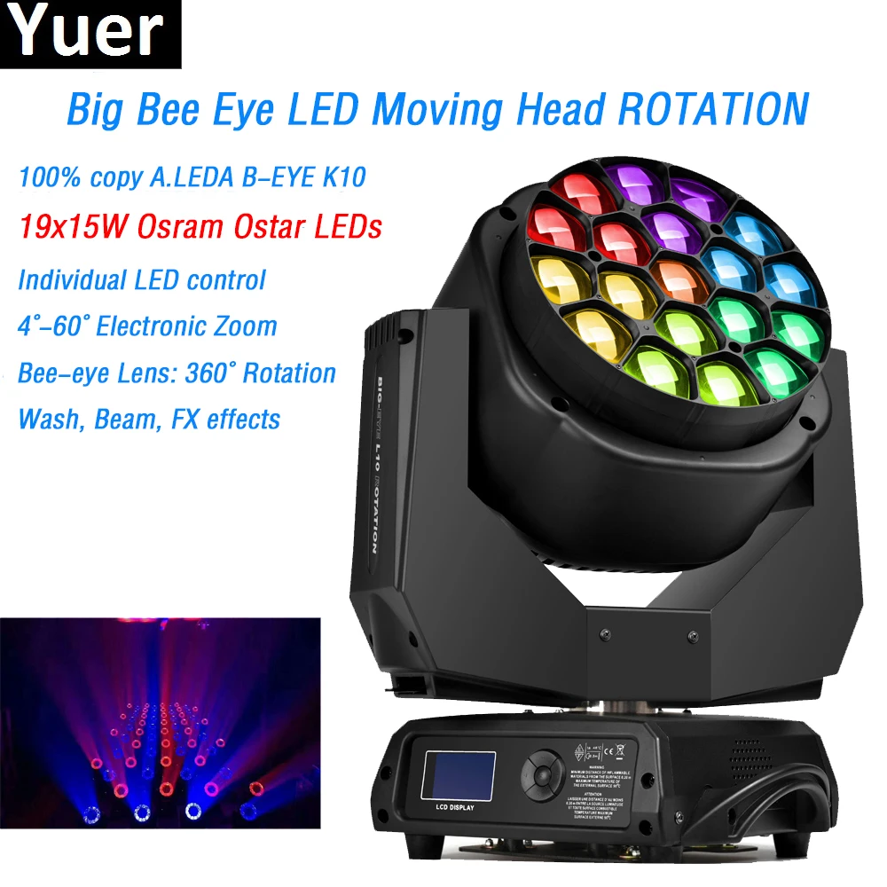

Big Bee Eye Moving Head Light ROTATION 19x15w O-sram Ostar RGBW leds Individual LED control DMX512 100% Copy A.LEDA B-EYE K10