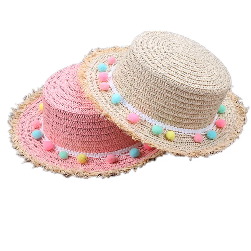 Children Sun Straw Hats Summer Girls Floppy Wide Brim Beach Bucket Cap