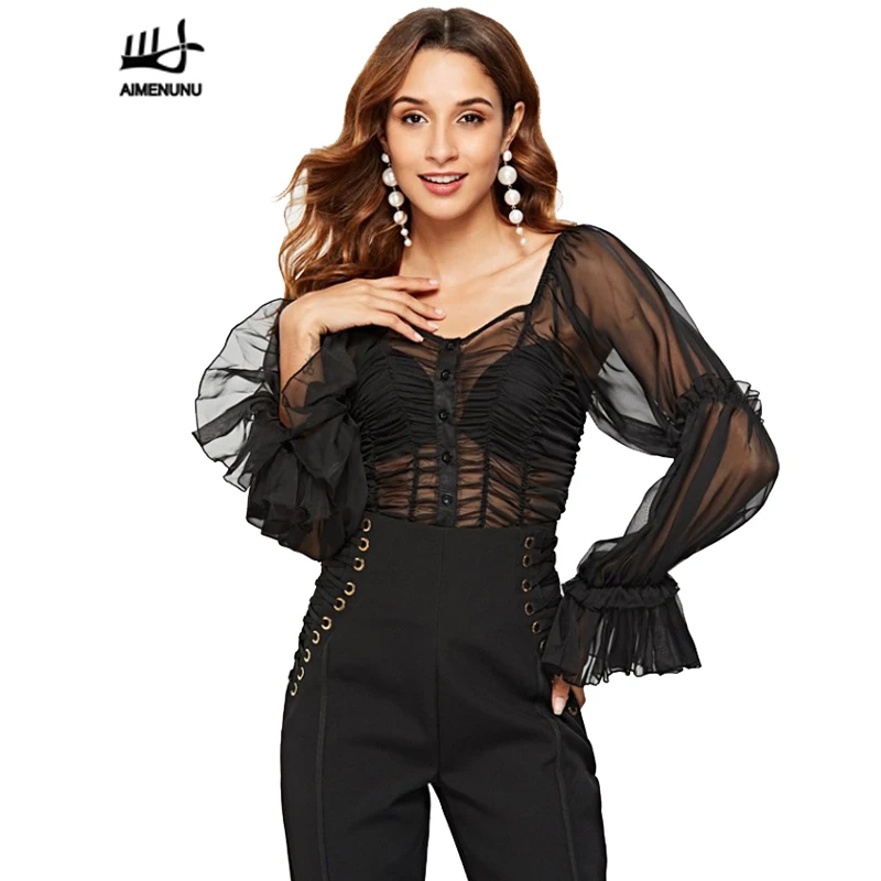 AIMENUNU Perspective Chiffon Crop Tops Female Flare Long Sleeve Pleated Lace Short Shirts Blouse Women Summer Fashion | Женская одежда