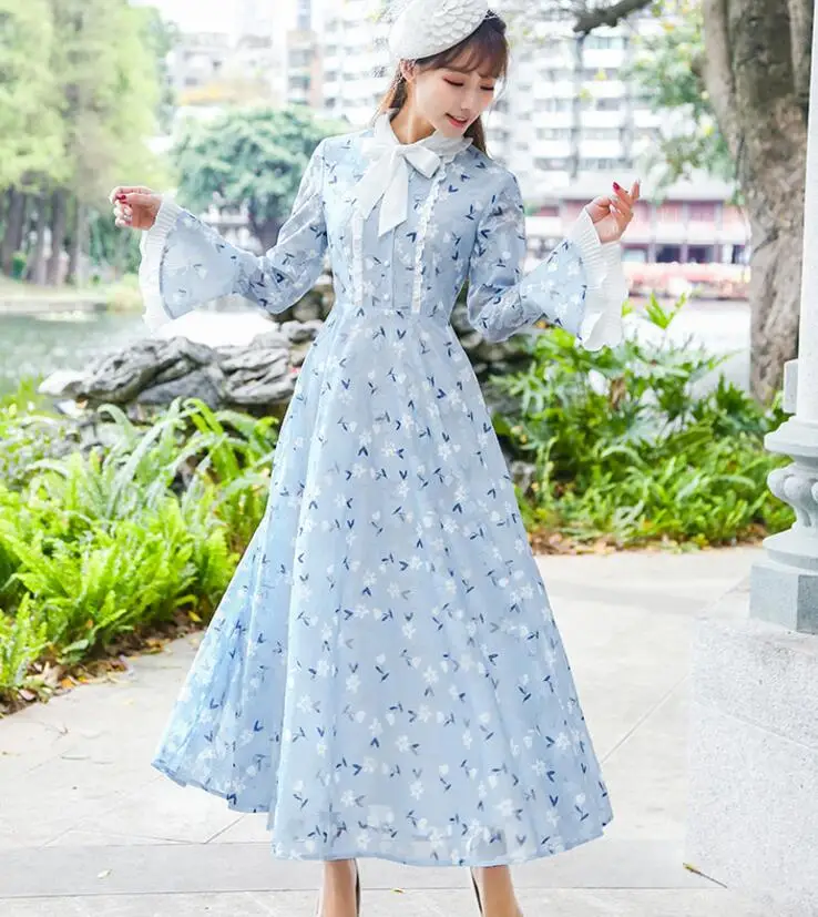 

Free Shipping High Quality Elegant Bowknot Tie Flare Sleeve Flower Printed Woman Chiffon Long Dress Sky Blue