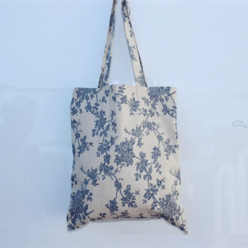 

YILE Handmade Cotton Linen Eco Reusable Shopping Tote Carrying Bag Floral Blue JR420 NEW
