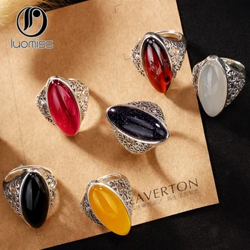 

S925 sterling silver inlaid chalcedony pomegranate corundum blue Crystal high-grade open ring wholesale