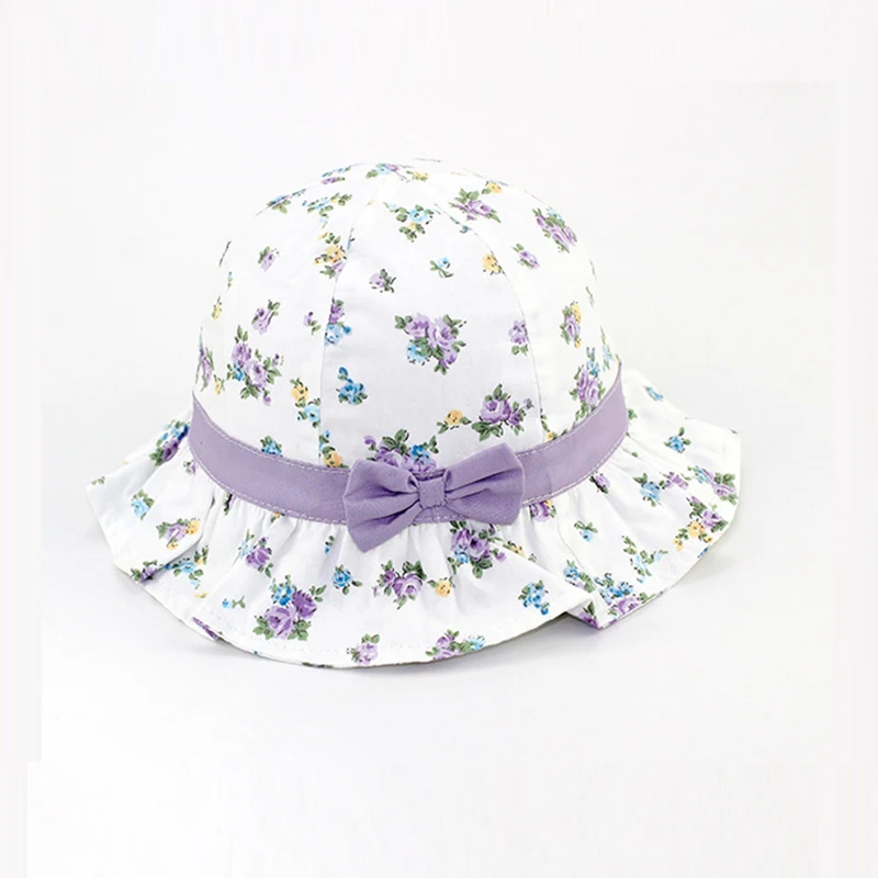 Flower Bow Baby Girls Hat Ruffles Floral Hat For Girls Cotton Lace Up Baby Fisher Hat Fashion Purple Pink Sun Caps Spring Summer (10)