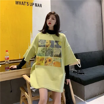 

Women T-shirt Top Three Quarter Chic Jigsaw Print O-neck Top Tees 2019 New Fashion Loose Casual Long All-match Shirt for Female