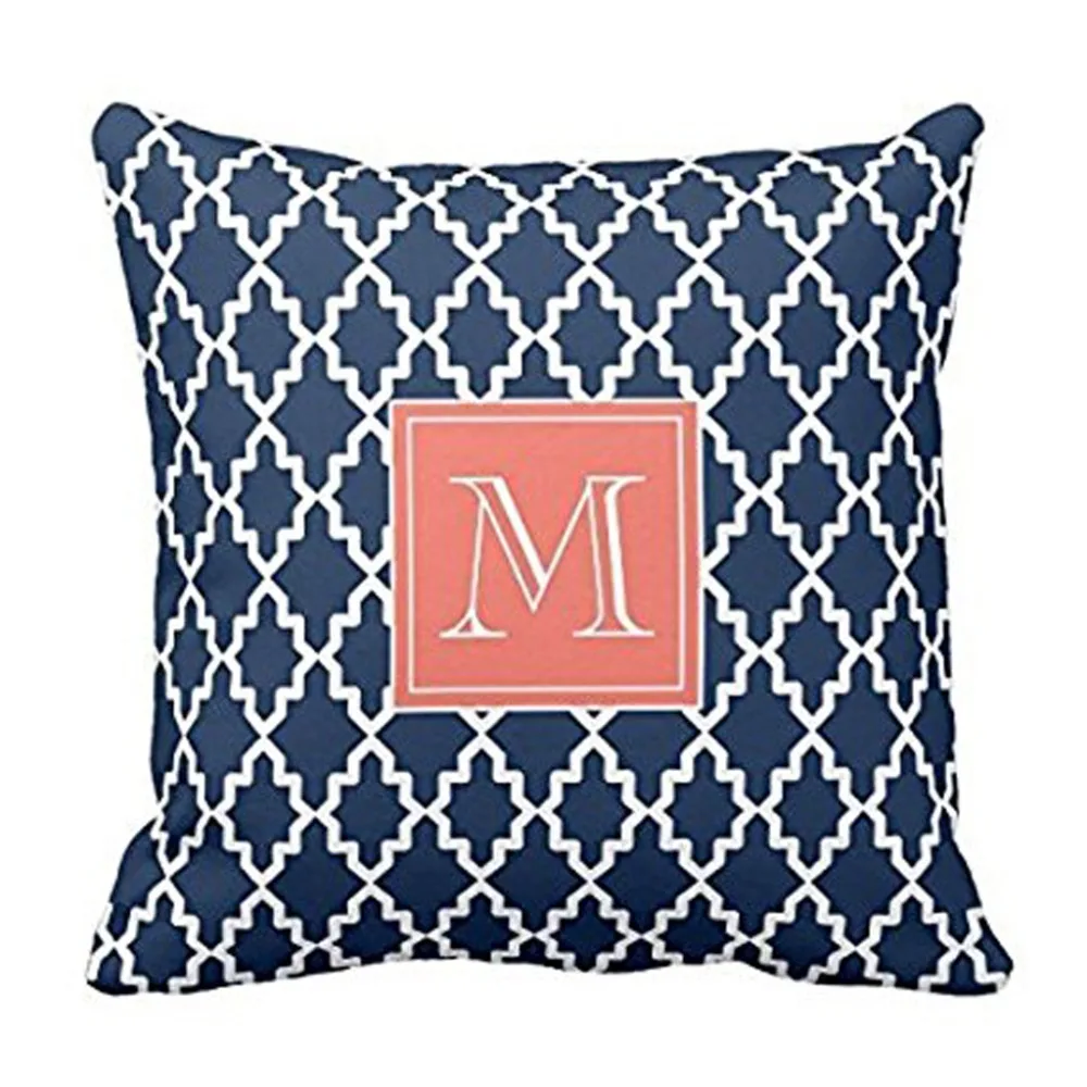 Navy Blue Moroccan Coral Monogram Pillow Personalized 18x18 Inches