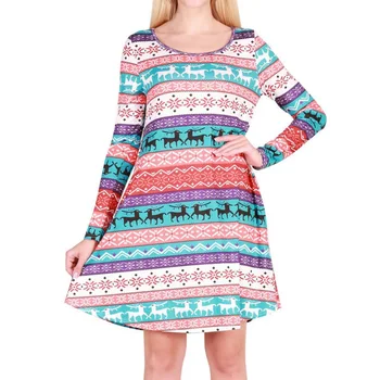 

Women Sexy Christmas Long Sleeves Autumn Party Slim Casual O-neck Dress Arrival Plus Print Size Mini