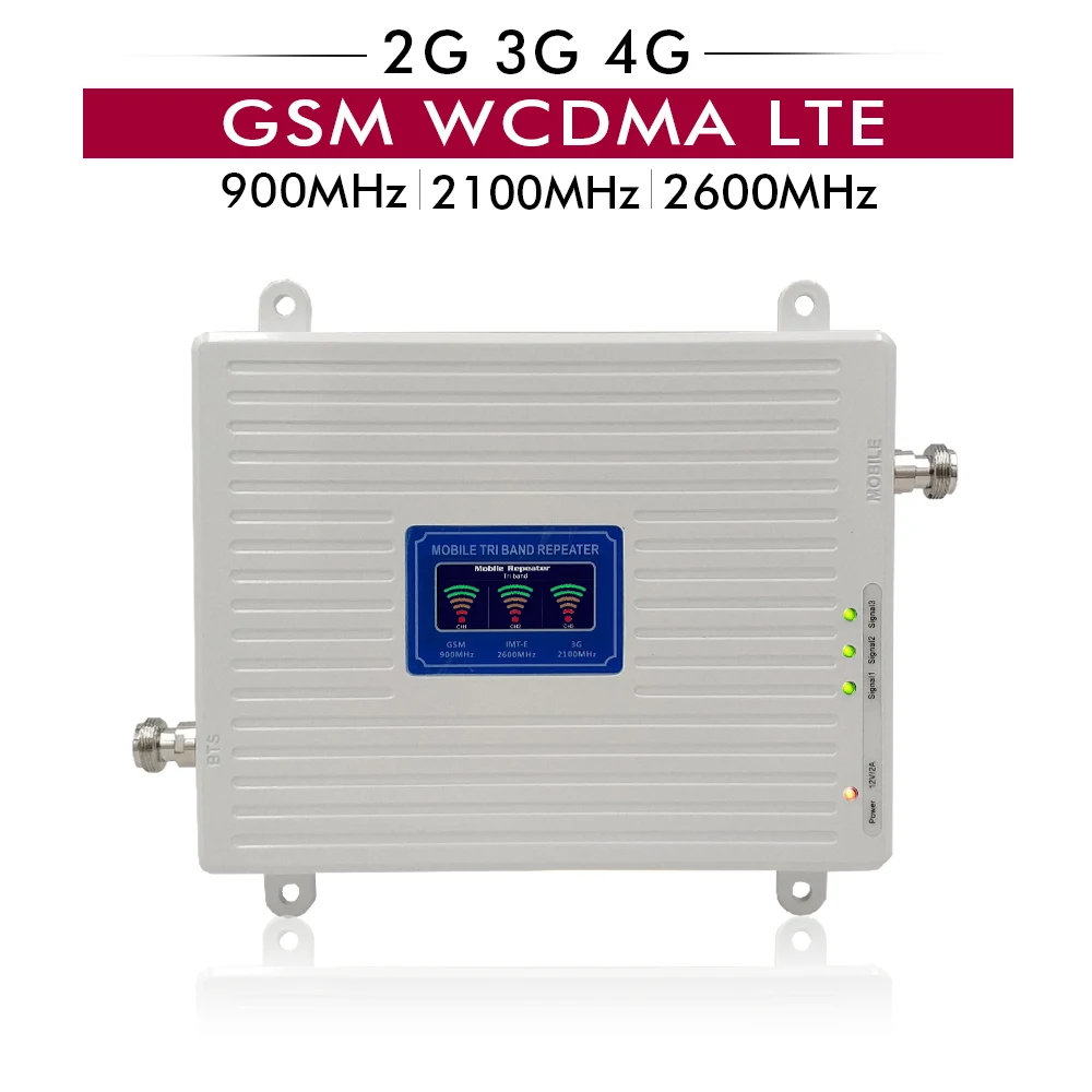 65dB مكاسب شاشة الكريستال السائل 2G 3G 4G الثلاثي الفرقة مكرر GSM 900 + WCDMA 2100 + LTE 2600 MHz الخلوية مكبر للصوت هاتف محمول إشارة الداعم