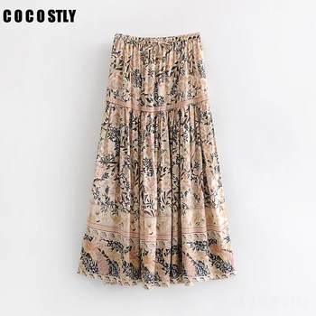 

2019 Vintage Floral Print Holiday Summer Beach Boho Skirt Women Drawstring Elastic High Waist Sexy Side Slits Long Skirt