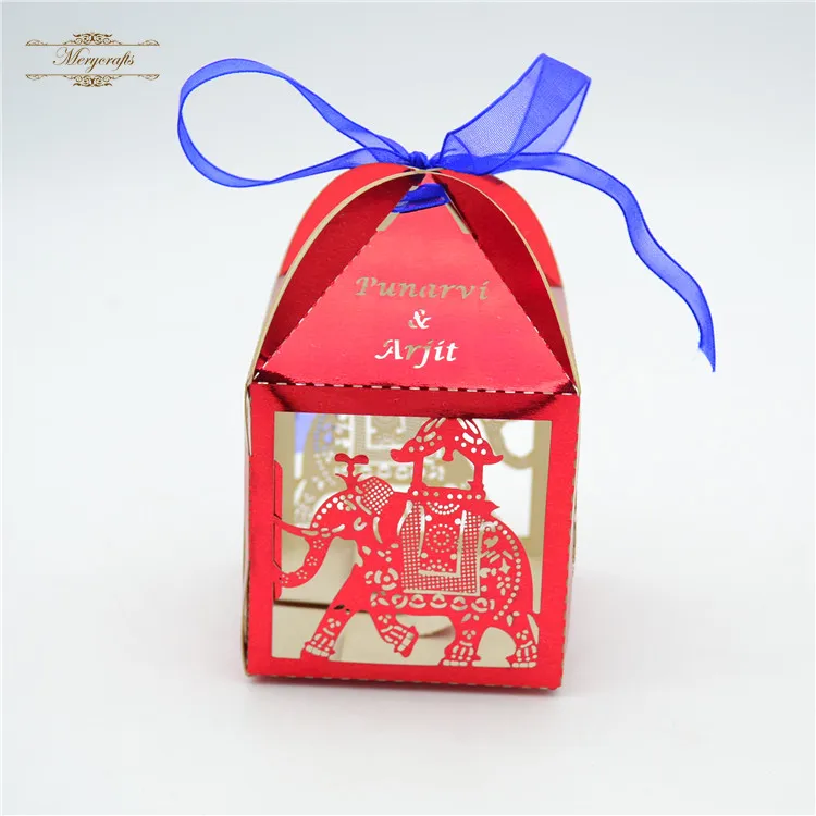 

Elephant laser cut personalized red indian wedding favor boxes