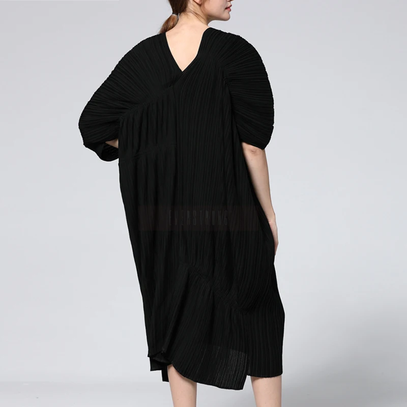 V Noir Taille Chauve Lâche Grande Femme Changpleat 2019 See Chart Manches Pour Mode Femelle Miyak Plissée Printemps Robes souris D11 cou Marée Été Robe POZiXTku