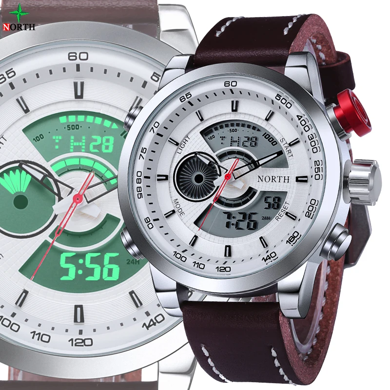 

NORTH Men Sport Watch LED Digital Watch TAG Waterproof Male Clock Genuine Leather 2017 Casual Quartz Men Sport Wristwatch