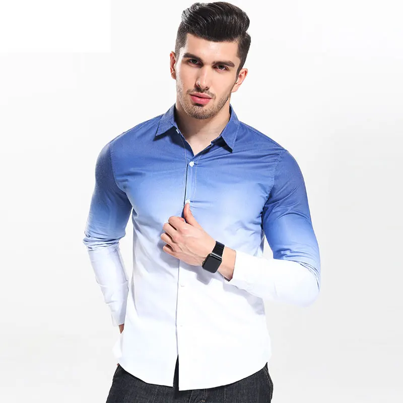 Mwxsd, европейский размер, повседневная мужская рубашка, белая, синяя, градиентная, мужские хлопковые рубашки с длинным рукавом, Мужская большая рубашка, chemise homme, рубашки - Цвет: Синий
