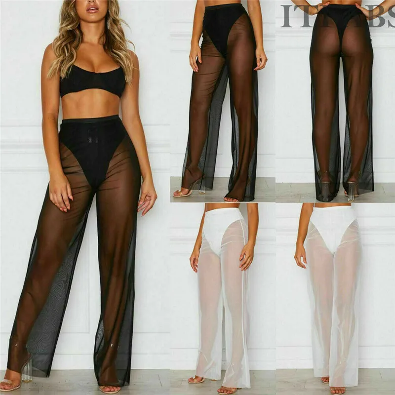 

HIRIGIN Womens Summer Beach Mesh Sheer High Waist Long Pants Cover Up Lady Loose Trousers
