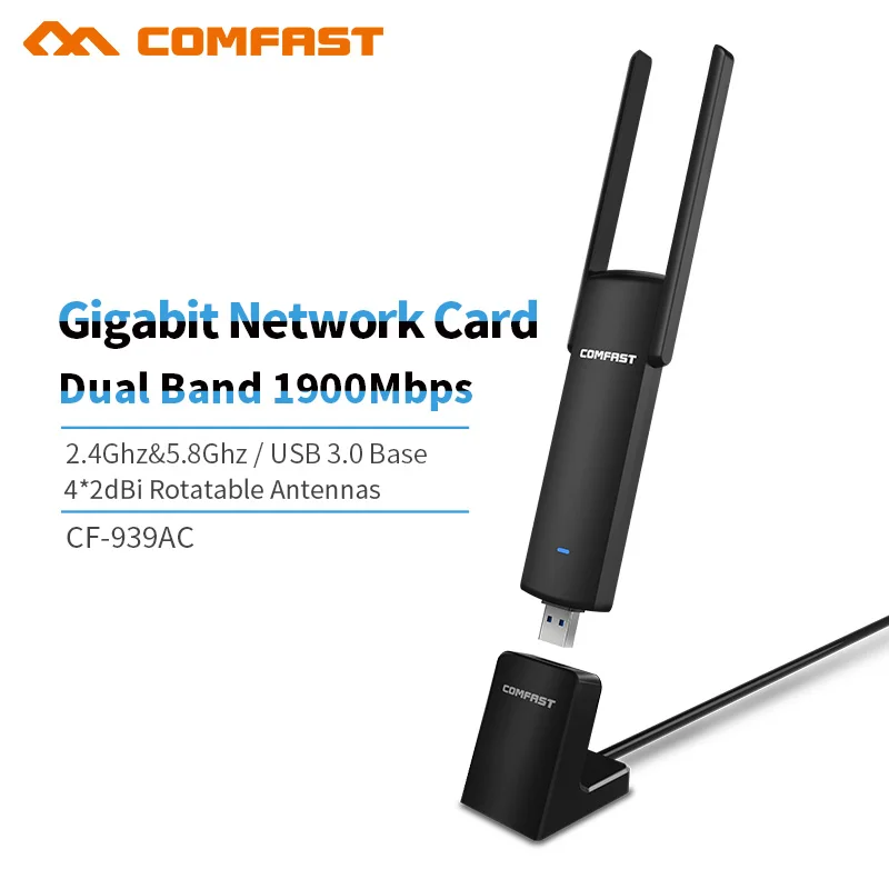 

Comfast CF-939AC 1900Mbps Gigabit 2.4G/5.8GHz Dual Band 802.11 ac USB 3.0 WI-FI WIFI WIRELESS ADAPTER AP Network Cards with Base