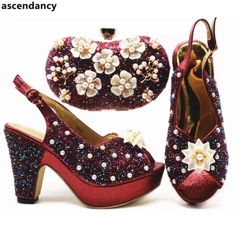 

New Arrival African Matching Shoes and Bags Italian In Women Nigerian Women Wedding Shoes and Bag Set Decorated with Rhinestone
