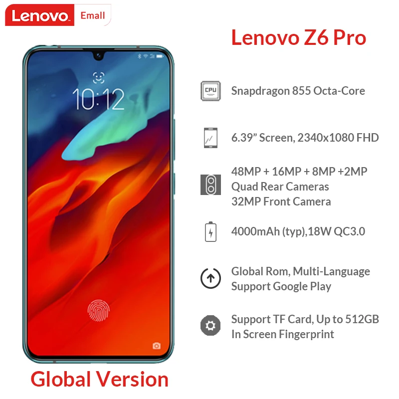 Оригинальный смартфон Lenovo Z6 Pro глобальная версия 6 ГБ/8 ГБ 128 Snapdragon 855 39 дюймов 48 МП AI