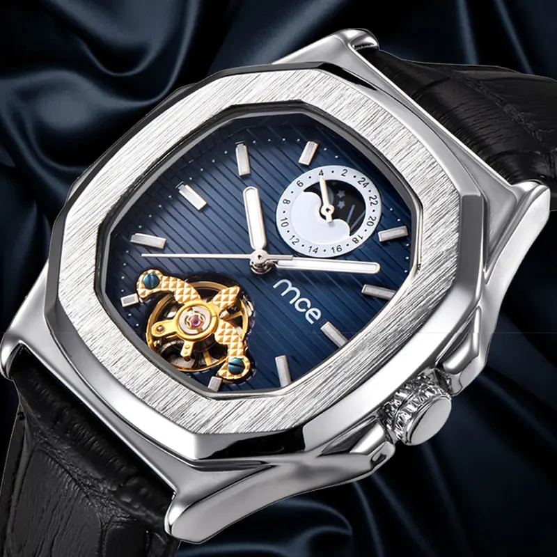 

Luxury Square Tourbillon Watch Men's Brand Mechanical Watches Automatic Skeleton Clock Fashion Moon Phase Waterproof Leather New