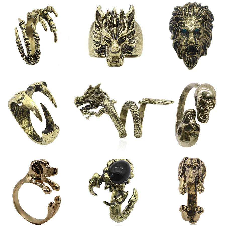 

Gothic Punk Animal Ring Dog Dragon Wolf Bird Lion Head Skeleton Eagle Claw Rings For Men Women Biker Jewelry Gift Anel Masculino