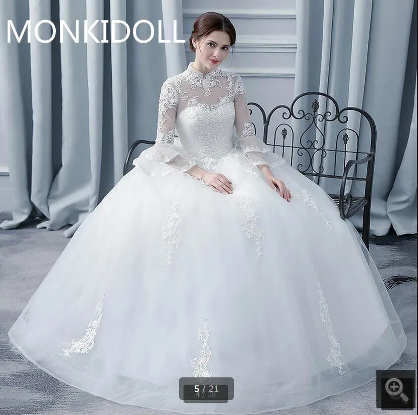 

2017 Robe De Soiree ball gown 3/4 sleeve sexy corset wedding dress high neck lace appliques beaded cheap wedding gowns hot sale