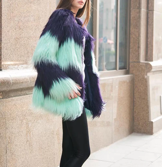 2017 winter women clothing long sleeve patchwork contrast color imitation fur jacket Female fashion warm long faux fur coat (7)