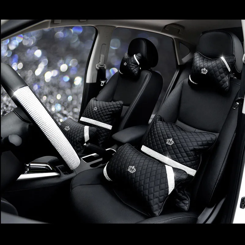 

Crown Car Headrest Neck Pillow Leather Crystal Rhinestones Auto Waist Support Lumbar Head Protection Pillows Cushion Accessories