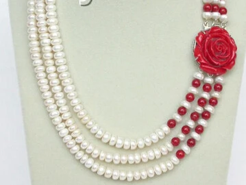 

FREE SHIPPING>>>@@ > N1679 17"-20" 8mm 3row round white freshwater pearls red coral necklace