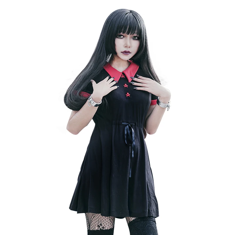 

Gothic Dress Red Peter Pan Collar Chic Skull Button A-Line Casual Cotton Women Dresses Doom Dress