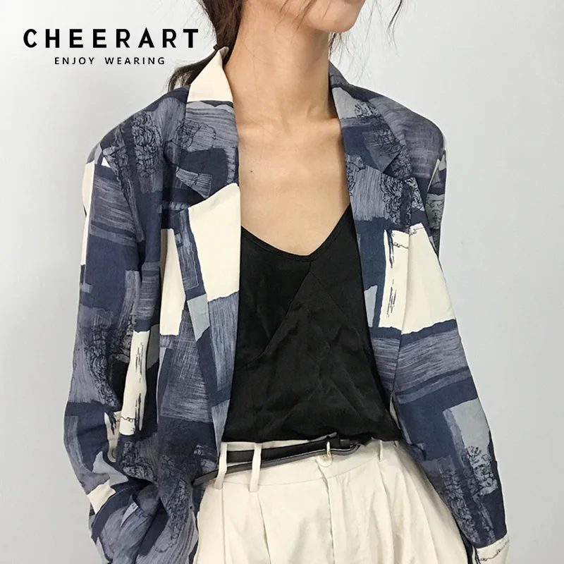 Cheerart осень блейзер для женщин Цвет блок печати синий Femme одна кнопка куртка дамы Блейзер повседневное пальто осень 2018