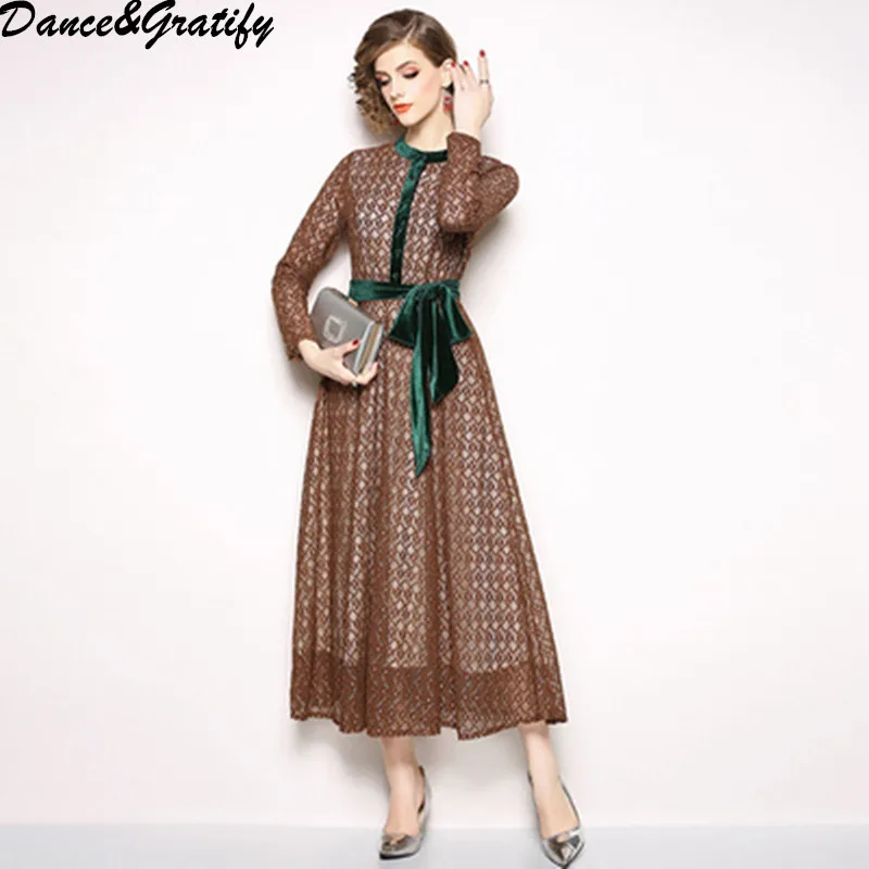 

Women Lace Velvet Pachwork Big Swing Office Work Long Midi Sundress 2019 Spring Autumn New Vintage Casual Party Dress S-XXL