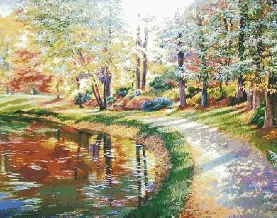 CS-1254 cross stitch kit colorful forest sunny day, forest trail lake river country.jpg