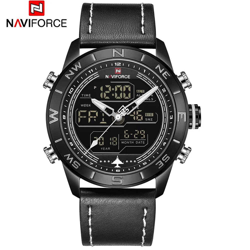 NAVIFORCE 9144 модные золотые мужские спортивные часы мужские s светодиодный аналоговые цифровые часы армейские военные кожаные кварцевые часы Relogio Masculino - Цвет: Черный