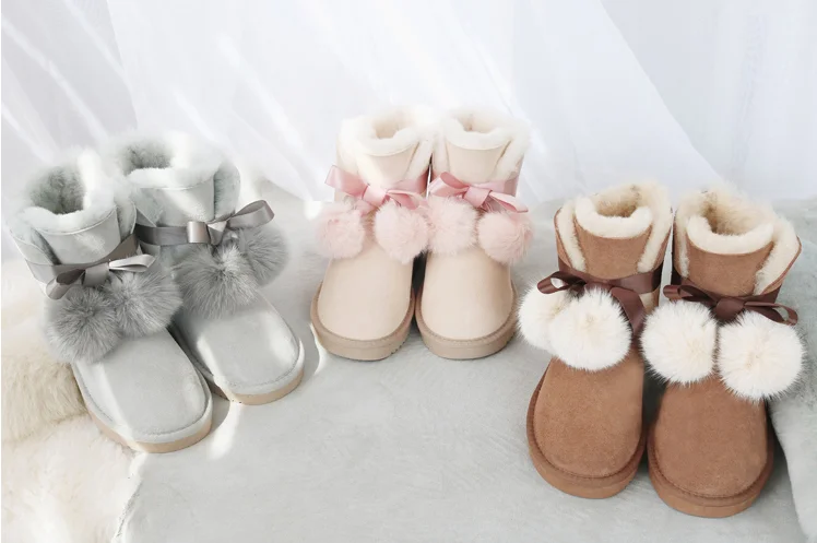 G& Zaco/роскошные ботинки из натуральной овечьей кожи; женские ботинки из овечьей шерсти; австралийские снежные сапоги сладкие зимние ботинки на плоской подошве с мехом лисы и бантом
